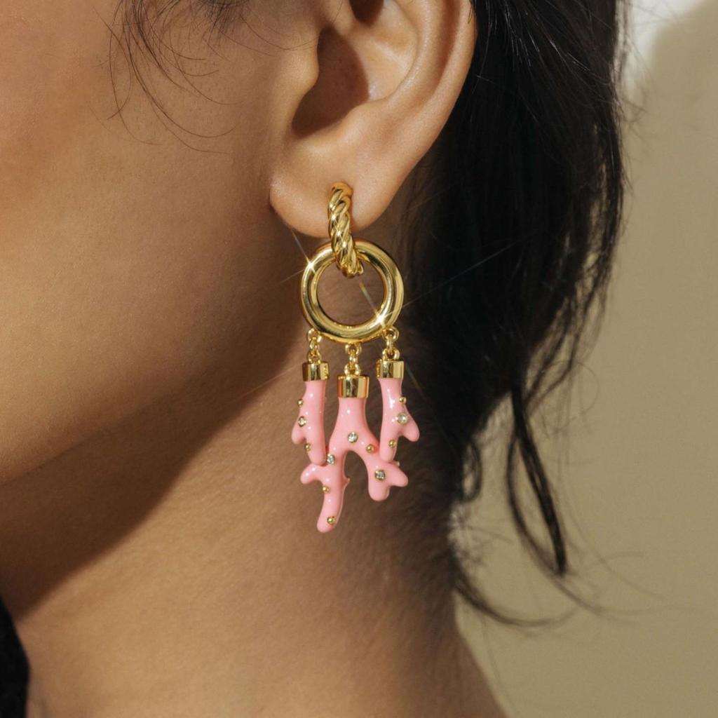 Ocean Series: Gold-Plated Pink Coral Stud Earrings, Stainless Steel