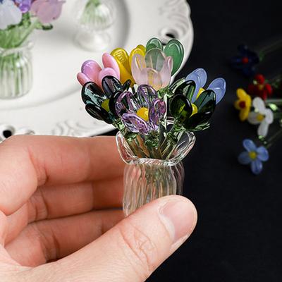 Mini Glass Flower Ornament Handmade Colored Glass Flower Miniature Collectible Tiny Flower Decoration for Table Centerpiece Bookshelves Micro
