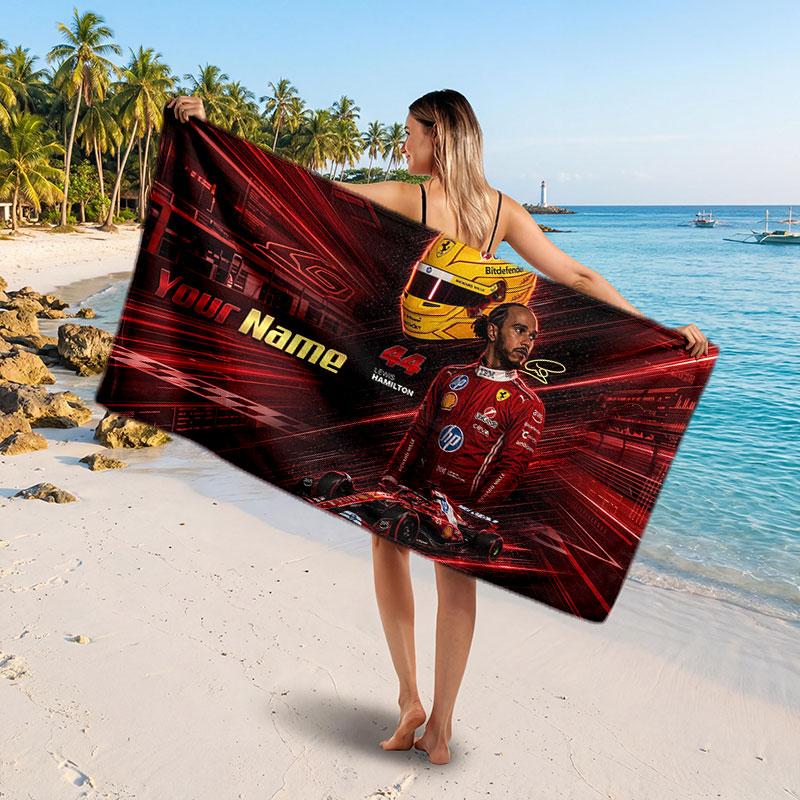 Lewis Hamilton Customized Name Text Beach Towel, Soft Absorbent Towel Beach Pool Travel Personal Gift