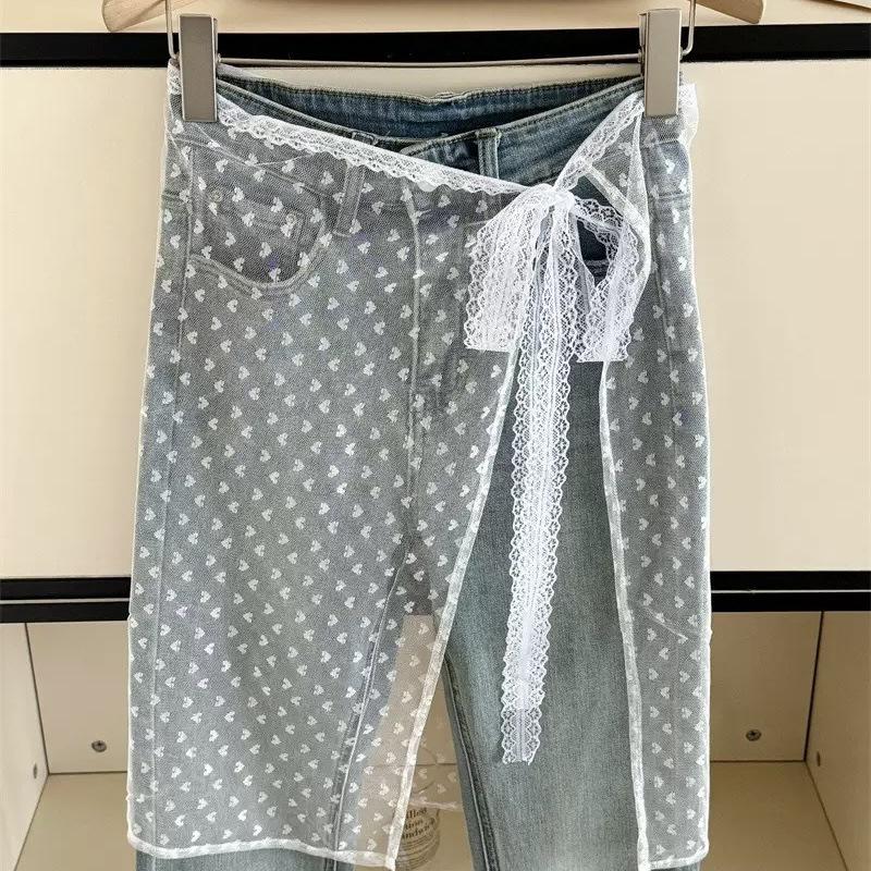 Korean Lace Embroidered Waistband Tulle Skirt with Layered Scarf Accessory