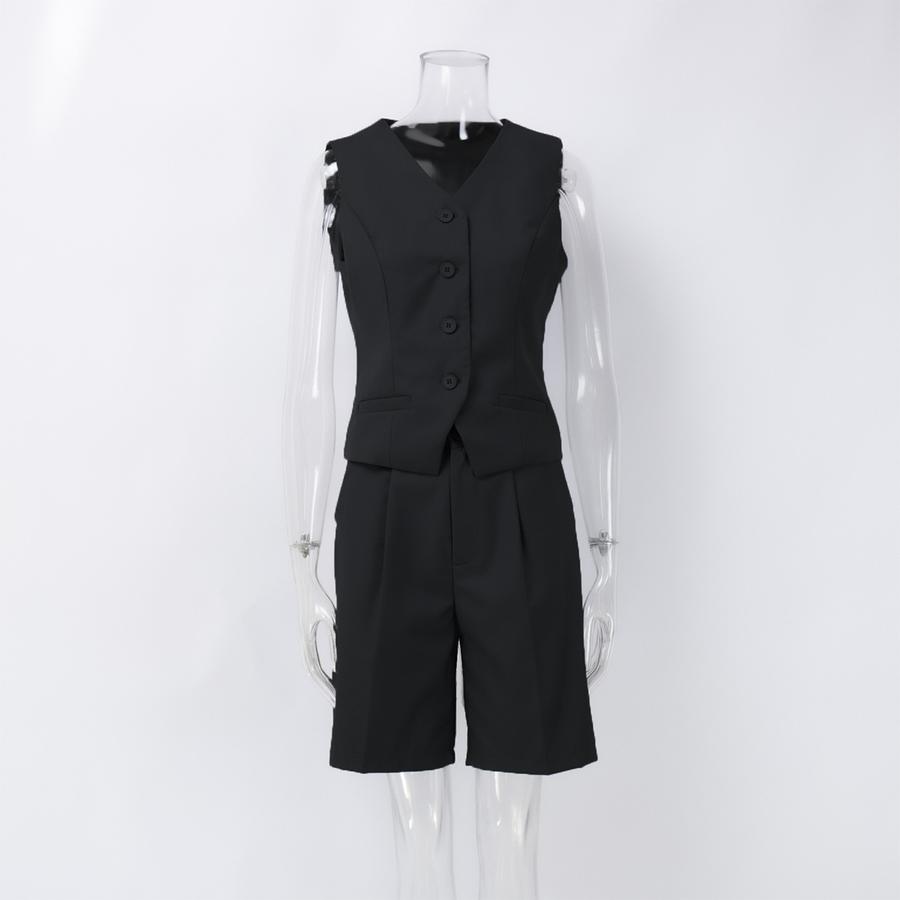 

Vest Set Summer Spring V-Neck Single Pleat Vest + Straight Fit Suit Shorts Set L чорний