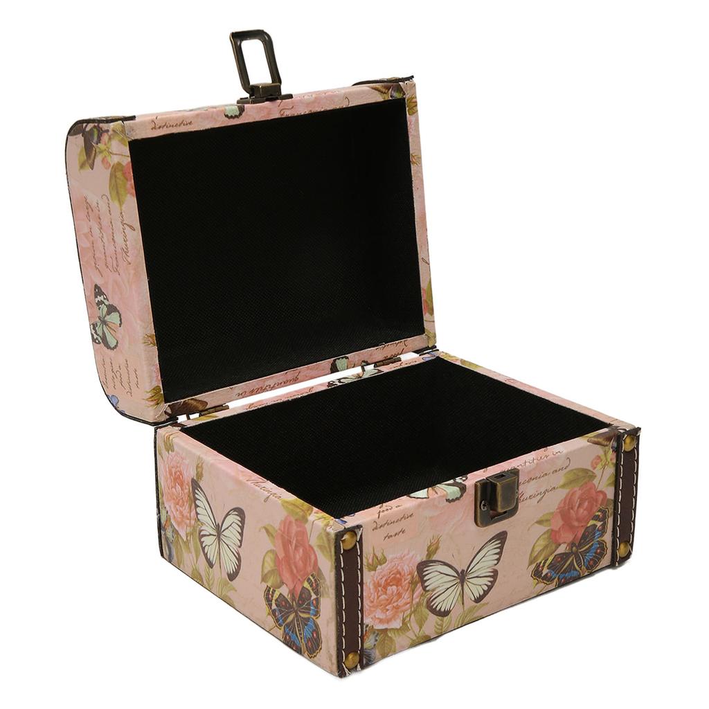 Truhla na poklady Růžový motýlí vzor Vynikající retro dřevěná úložná krabice z PU kůže pro dívku ženu