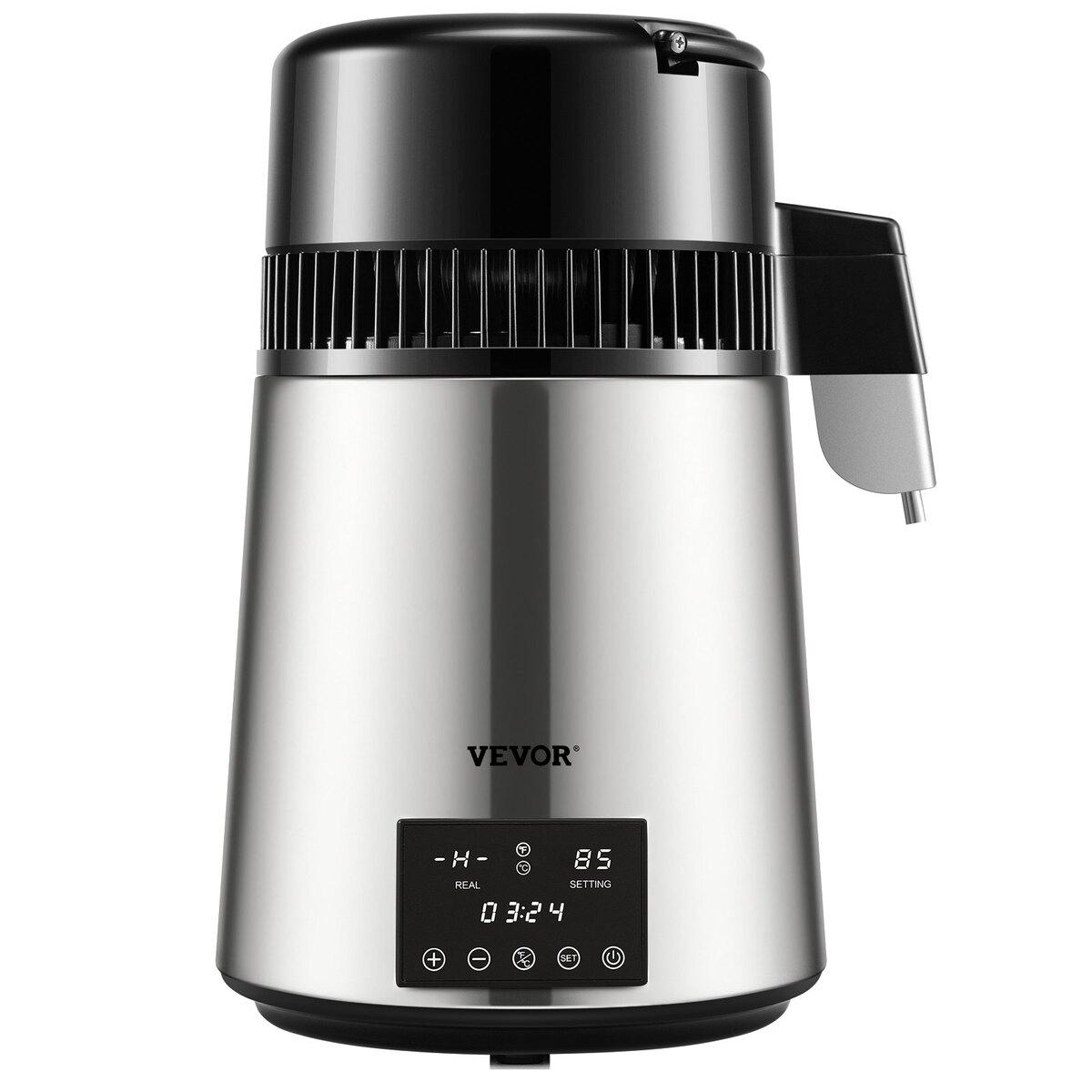 Distillateur d'eau, 1 L/H, Machine à eau distillée 4L avec minuterie 0-99 H, Purificateur d'eau de comptoir 750W avec double affichage de température, Poudre de nettoyage pour carafe en verre 3