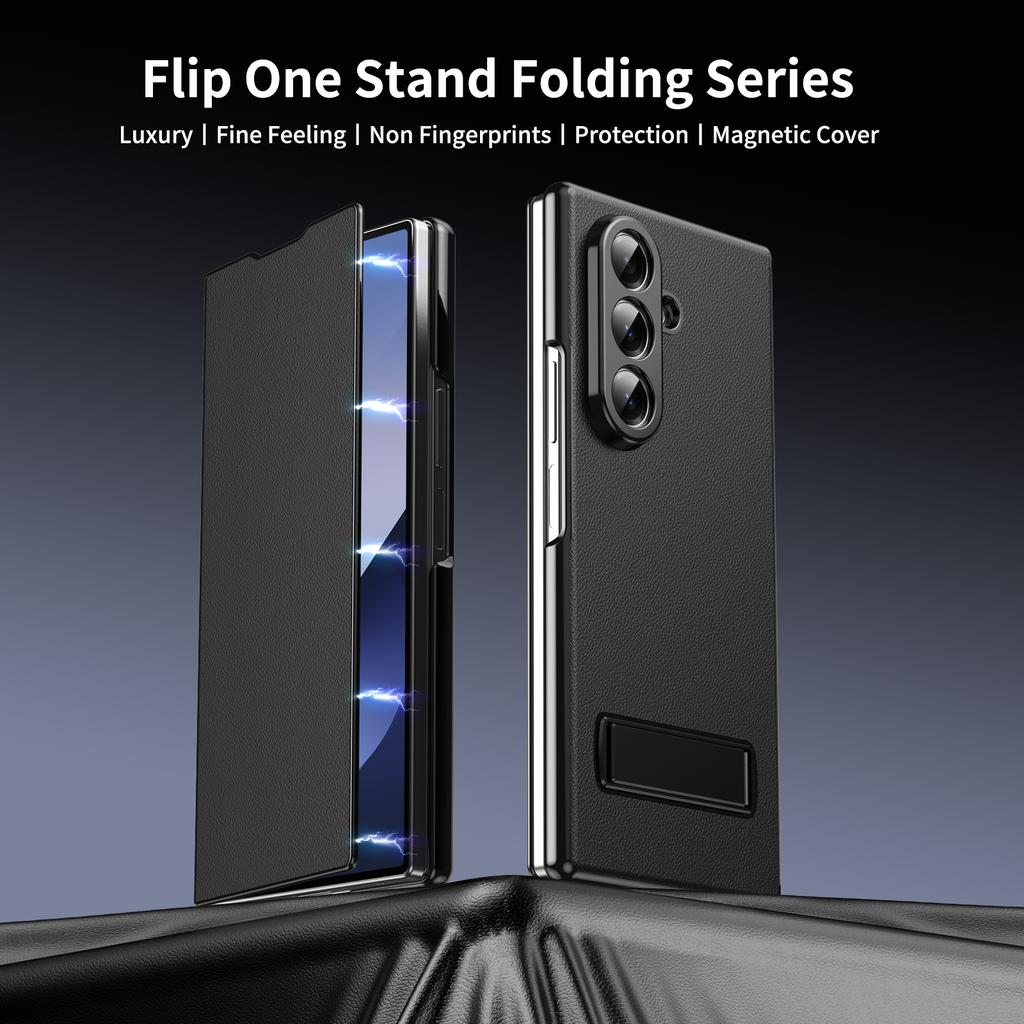 Plain PU Leather Flip Phone Case with Metal Kickstand for Samsung Galaxy Z Fold 4 5 6 7 8 Ultra - Protective Cover with Stand