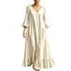 Women's Casual Color Cotton Linen V-Neck Three-Quarter Sleeve Dress with Pockets Loose Fit