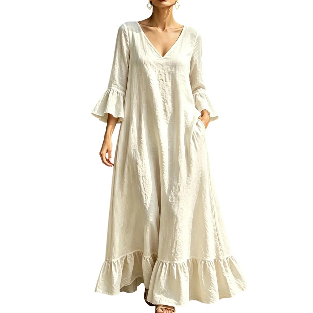Women's Casual Color Cotton Linen V-Neck Three-Quarter Sleeve Dress with Pockets Loose Fit