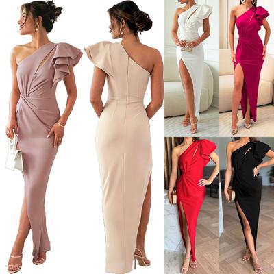 Women's One Shoulder Ruffle Dress with Front Slit Asymmetric Neck Evening Party Maxi Dress Multiple Colors