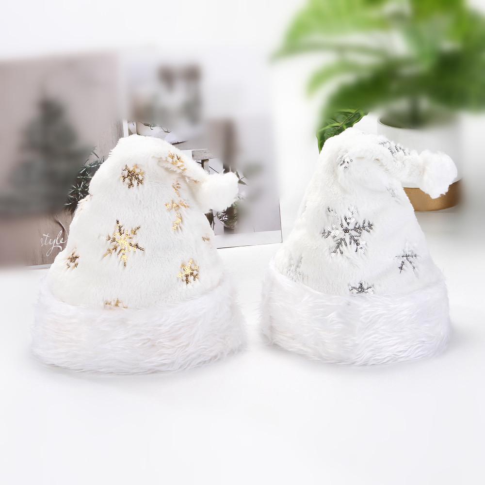 White Plush Santa Hat with Gold and Silver Beads, Sequin Snowflake Embroidery - Adult Christmas Decoration