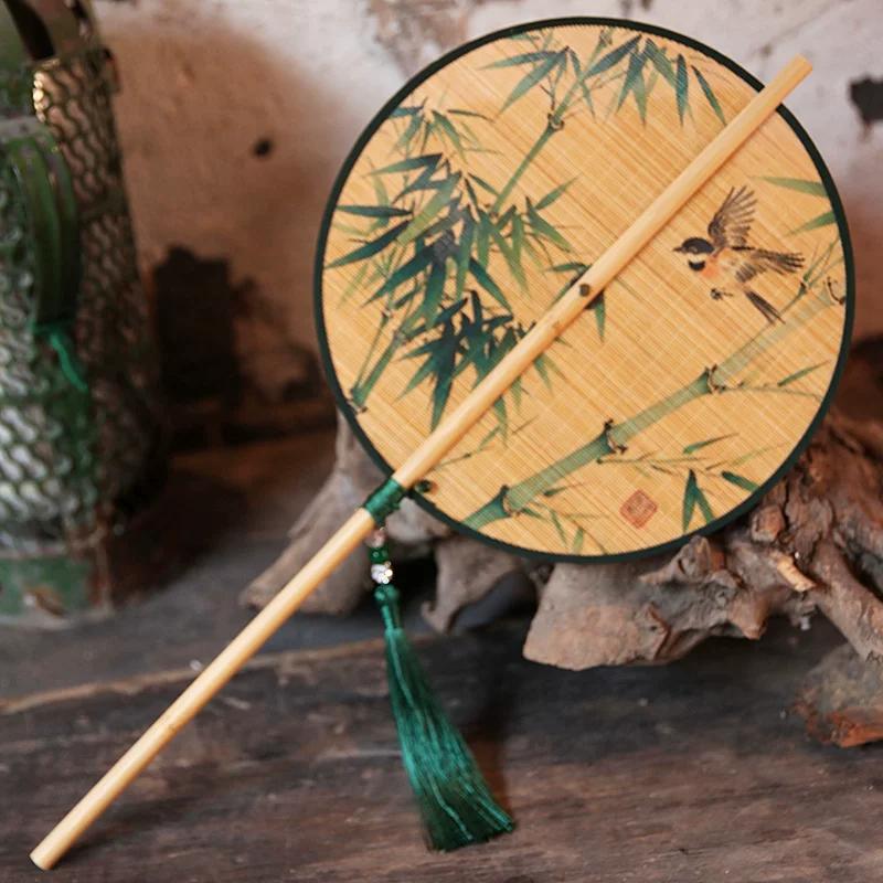 Dunhuang Retro Fine Bamboo Fan, Round Fan with Tassels and Long Handle, Can Be Curled Into a Palace Fan for Dancing and Photography