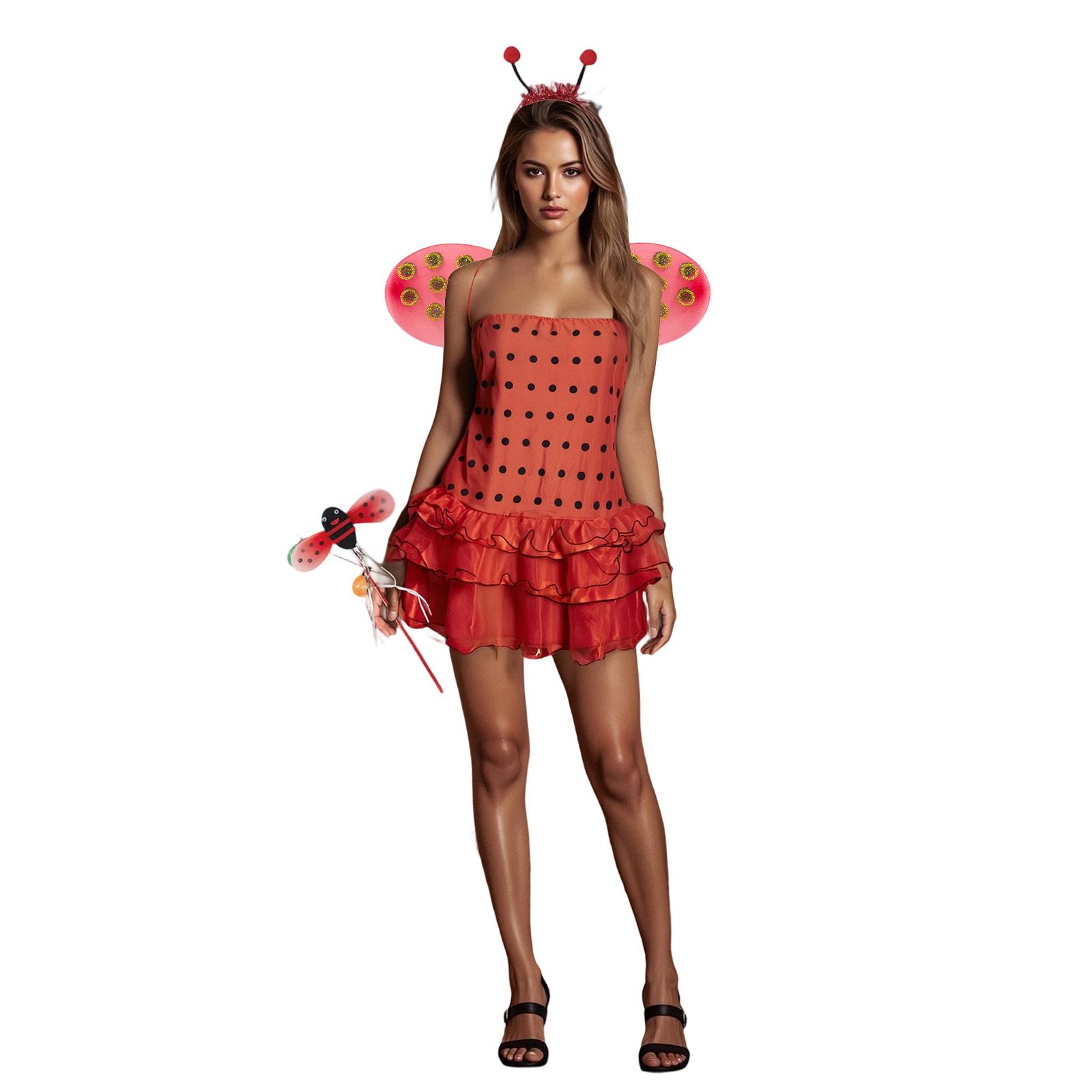 Combhasaki Dames Halloween Insecten Kostuums Schattige Bij Lieveheersbeestje Jurk en Vleugels Hoofdband Set voor Kerstmis Cosplay Feest Outfits S brown