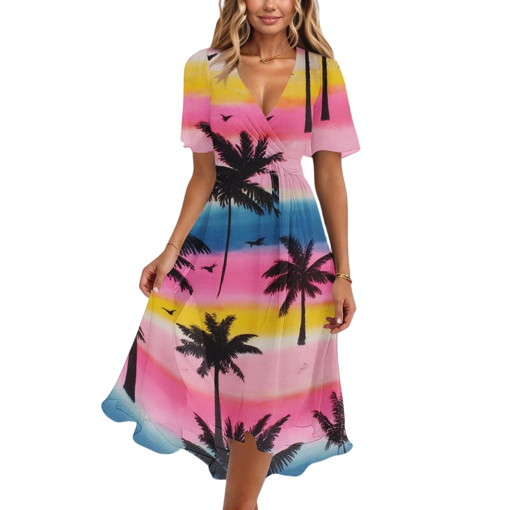 Women's Fashion Casual V Neck Short Sleeve Ruffled Vintage Printed Dresses
