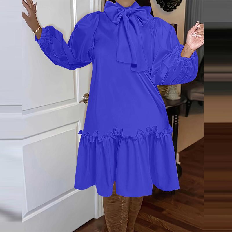 VONDA Women Plus Size Stand Collar Tie Decorated Long Sleeve Solid Color Dresses