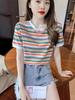 Style Vintage Feeling! Rainbow Color Block Striped T-Shirt Loose Short Sleeve Top for Women Trendy