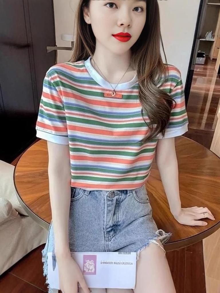 Style Vintage Feeling! Rainbow Color Block Striped T-Shirt Loose Short Sleeve Top for Women Trendy