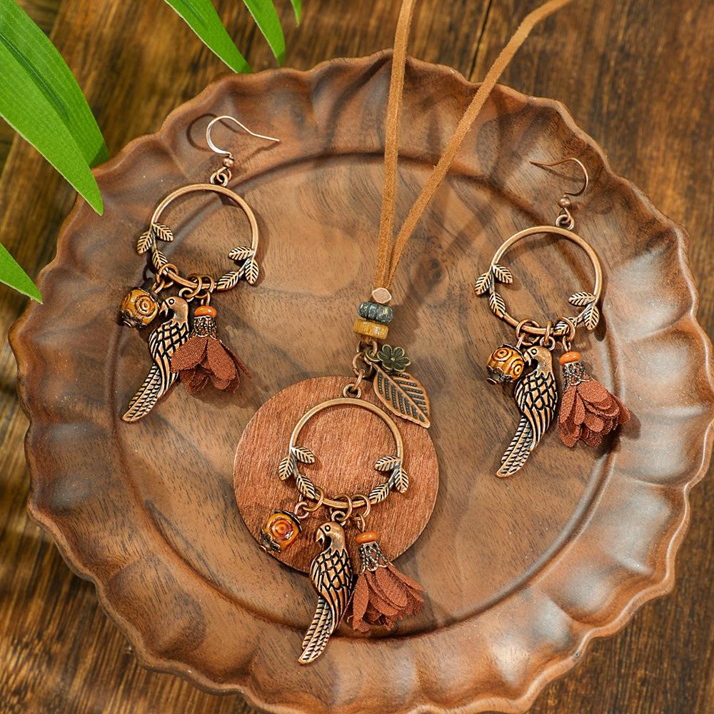 Vintage Bohemian Bird Dreamcatcher Earrings Necklace for Women Ethnic Creative Flower Wood Beads Tassel Brown Boho Jewelry