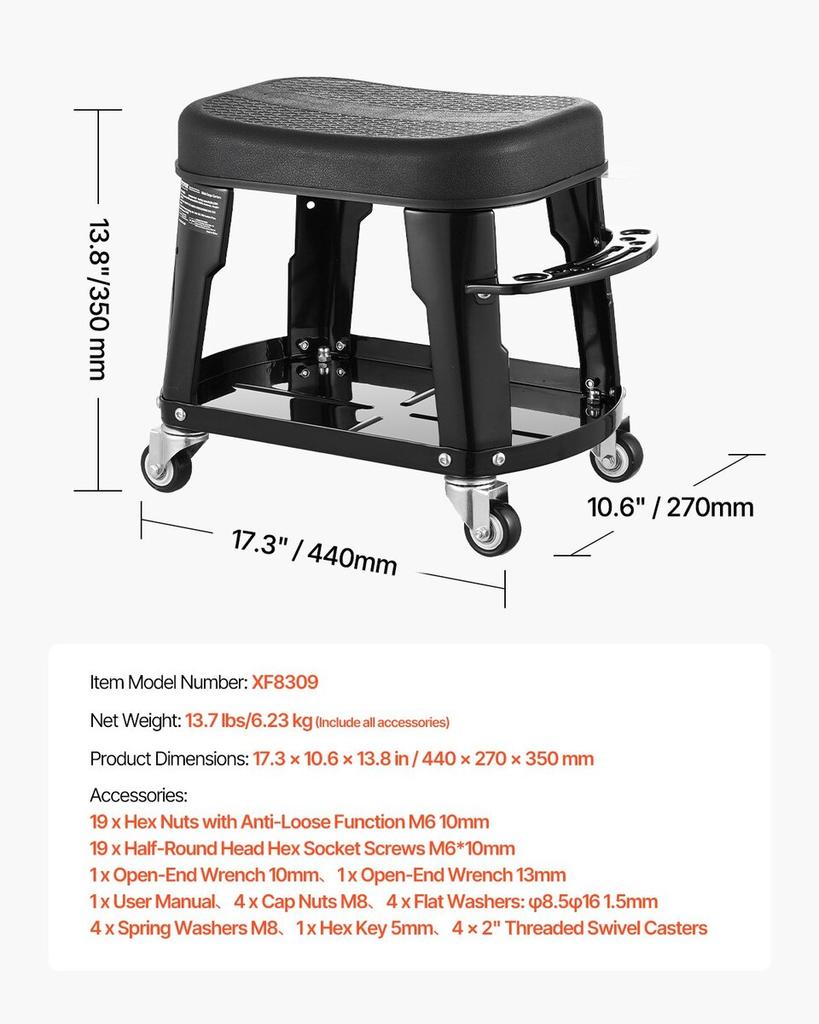Mechanic Stool Rolling Workshop Seat 300 lbs Load with Wheels & Tool Tray