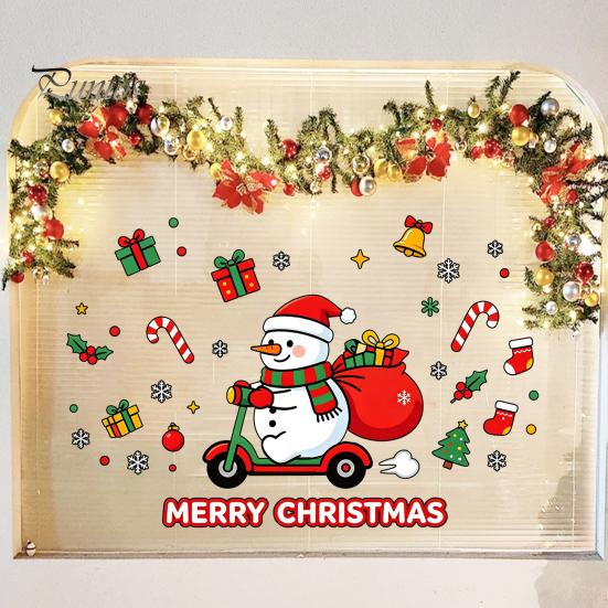 Winter Home Decor Cute Snowman Scooter Christmas Static Window Cling, Cartoon Merry Glass Decorations Decal, Waterproof Sticker for Shop Xmas