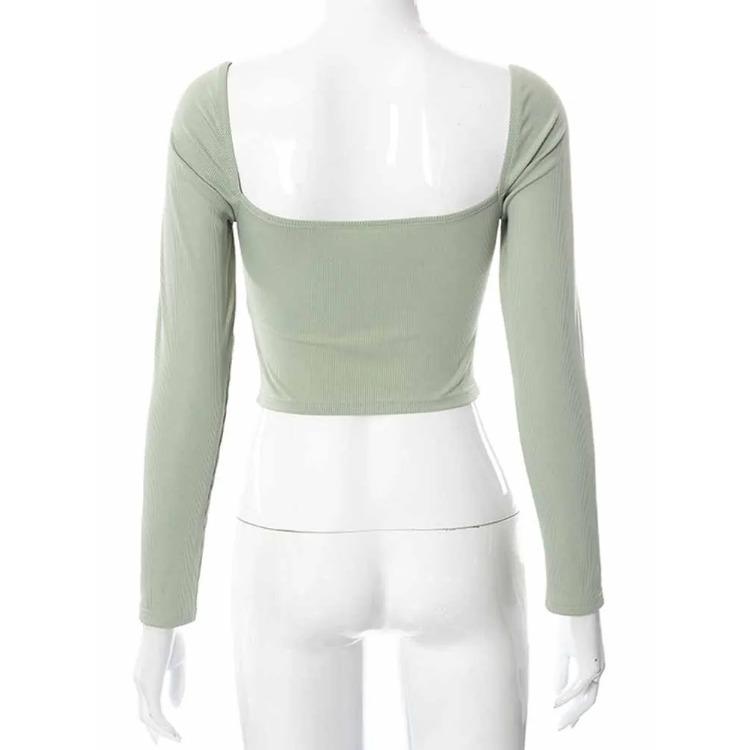 Vyhloubený výstřih do V Dlouhý rukáv Crop Tops Jaro Podzim Ležérní Móda Ženy Čtvercový límec Úzká žebrovaná trička Tričko bez zad