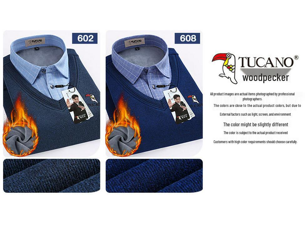 Woodpecker Men's Fleece-Lined Long Sleeve Two-in-One Thick Shirt Sweater for Dad