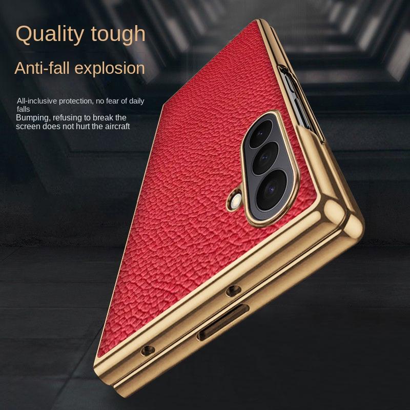 Luxury Business Sle Lichee Leather Skin Feel Phone Case for Samsung Galaxy Z Fold 7 Plating Shockproof Protect Back Cover