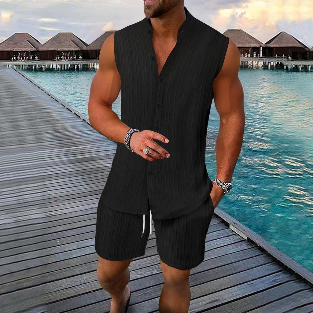Europe and the United States Men's Summer Vest Shirt Casual Loose Sleeveless Solid Color Shorts Beach Suit