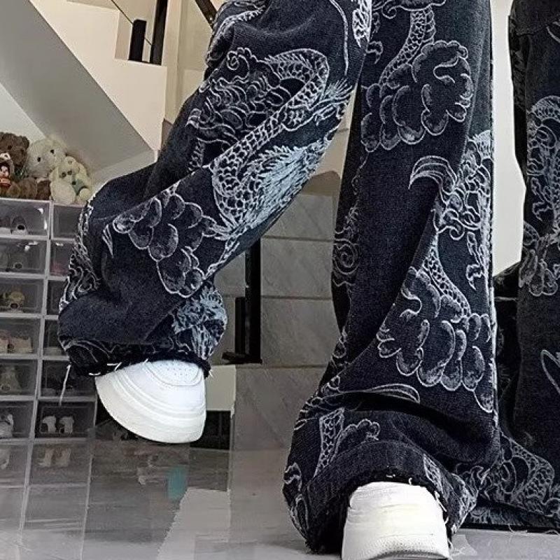 2024 Women's Wide-Leg Dragon Embroidery Jeans - Chinese National Style