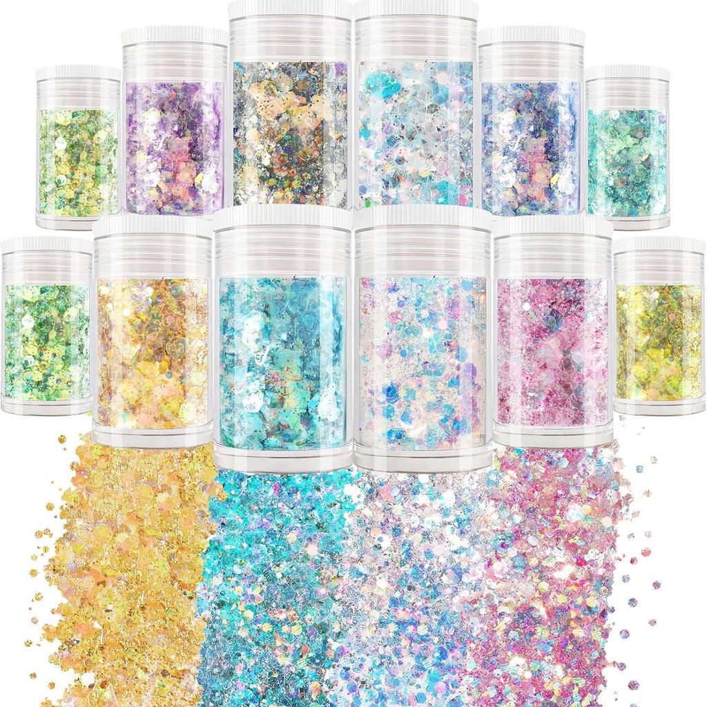 12 Colors Holographic Chunky Glitter Assorted 3mm Star Shapes Fine Glitter Powder for Body Nail Art Craft Mixed Colors