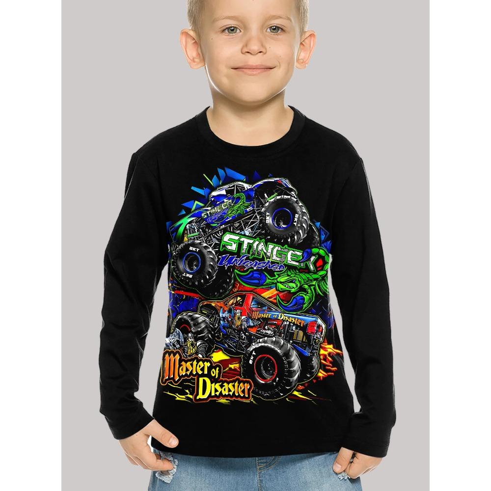 Children's Truck 3D Digital Printed Boy's Fun and Fashionable Round Neck Long Sleeved T-shirt