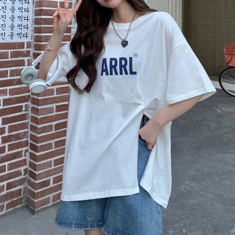 

Женская одежда, свободные футболки с раздельным краем, новые летние футболки с короткими рукавами и принтом букв, универсальные однотонные топы, футболки, повседневная мода XL белый