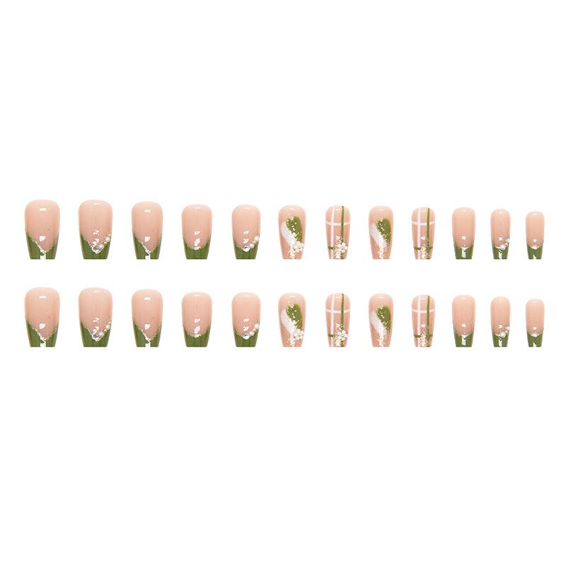 Cute Short Ballet Fresh Natural Green French Diamond Summer Flower Nail Piece Wear Nail Piece