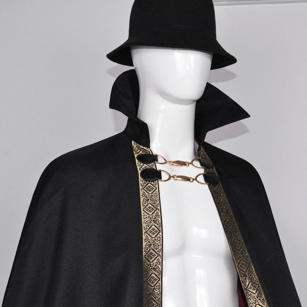 Vampire Baron Cape for Men, Gothic Stand Collar Long Cloak with Wine Red Lining, Halloween Party Costume