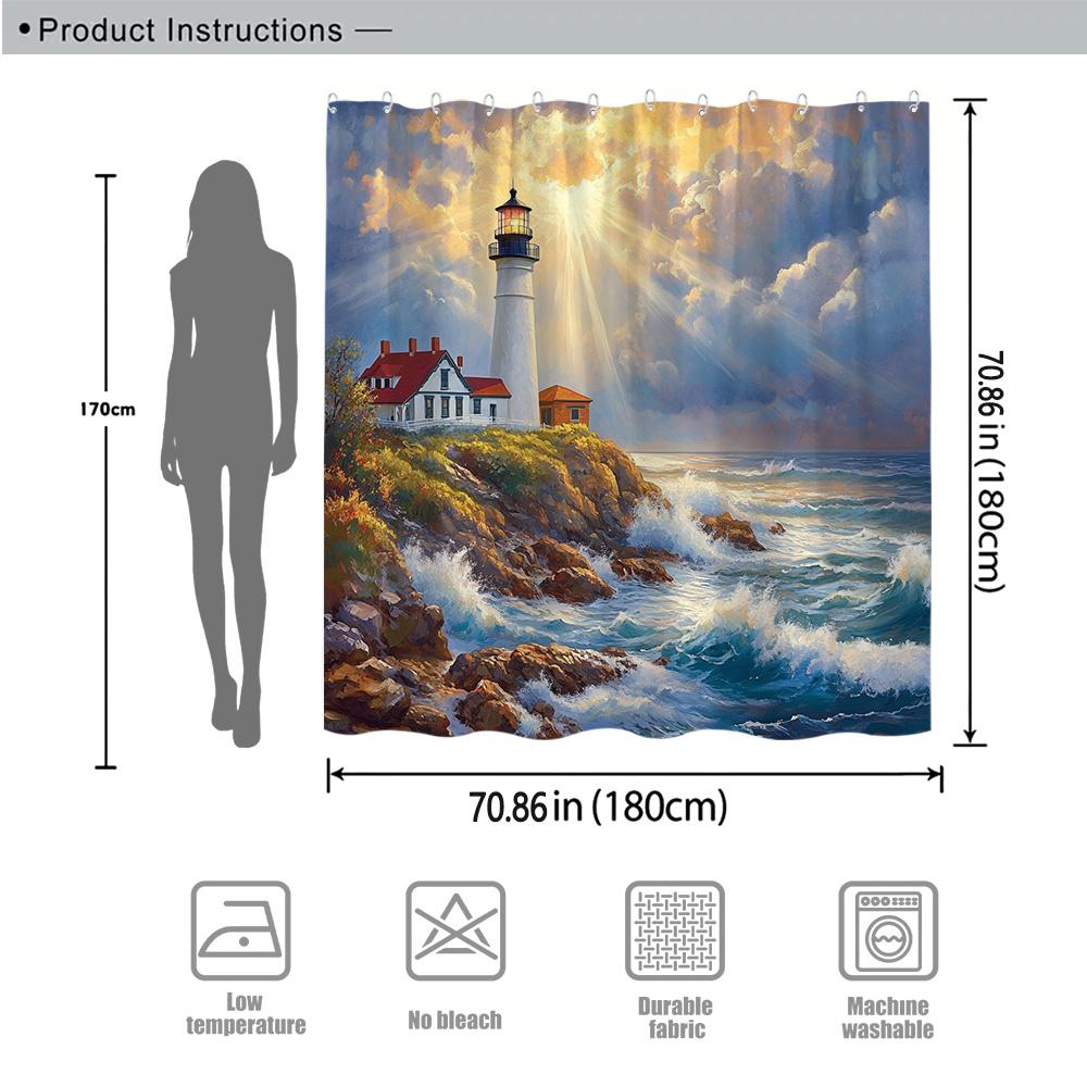 Romantic Lighthouse Shower Curtain - White Lighthouse with Red Roof, Golden Sunlight & Rocks, Coastal Bath Decor, Polyester
