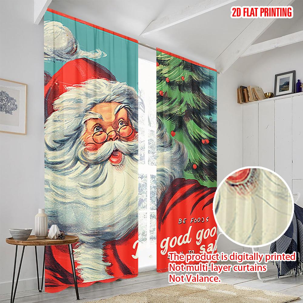 2 Stück, 2D-Flachdruck Vorhänge Weihnachtsmann & Baum Polyestergewebe (ohne Stange) Geschenke Perfekt für Wohnzimmer und Schlafzimmer, Heimdeko
