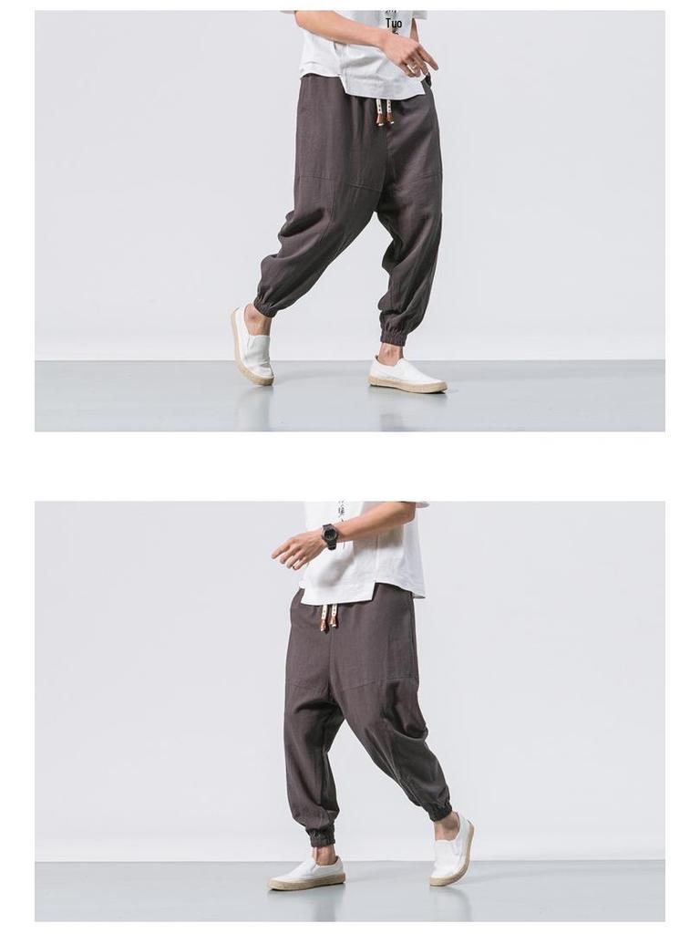 2022 Men's Loose Linen Ankle-Length Drawstring Trousers - Youthful Spring/Summer Style, Plus Size, Solid Color.