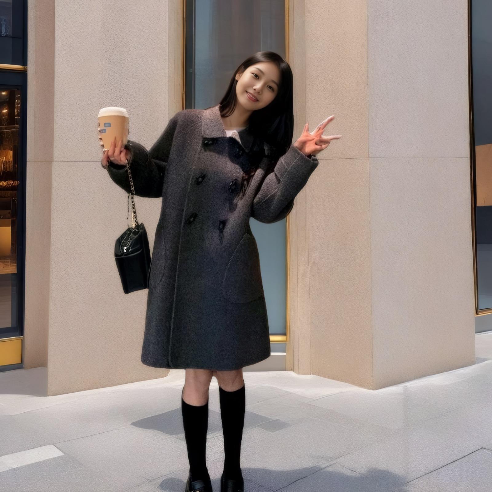 

Новое осенне-зимнее корейское свободное пальто для женщин, двубортная маленькая свободная шерстяная куртка средней длины XL