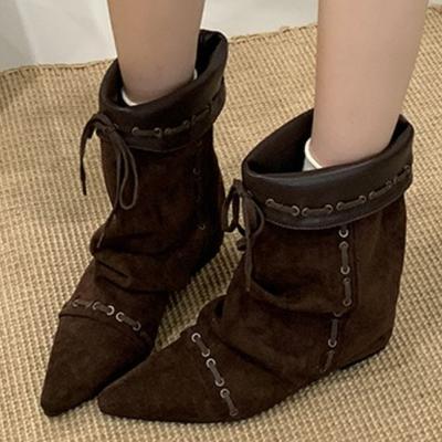 Fashion NEW Punk Vintage Insoles Height Wedges Heels Pointed Toe Women Ankle Boots Autumn Winter Designer Lace-up Dress Ladies Shoes