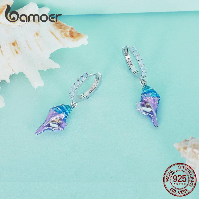BAMOER 925 Sterling Silver Dreamy Gradual Change Blue Conch Ear Buckles Sea Shell Drop Earrings for Women Ocean Series Jewelry