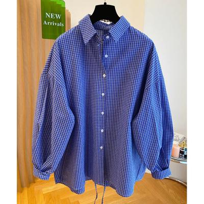 Μπλε Καρό Μακρυμάνικες Φαρδιές Μπλούζες Μόδα Κορεάτικη Μπλούζα με Σχίσιμο Γυναικεία Oversized Άνοιξη Καθημερινή Vintage