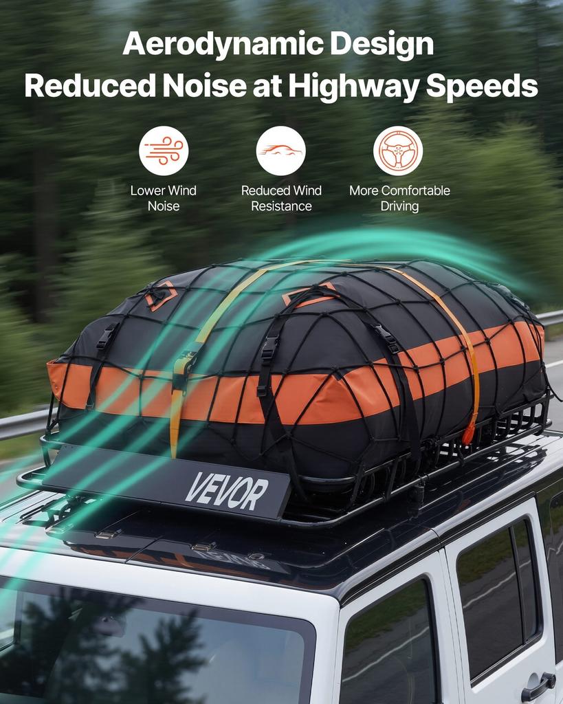 Roof Rack Cargo Basket, 1371 x 864 x 102 mm, Heavy Duty Roof Top Carrier Basket with Waterproof Bag, Cargo Net, Ratchet Straps, 90.72 kg Capacity,