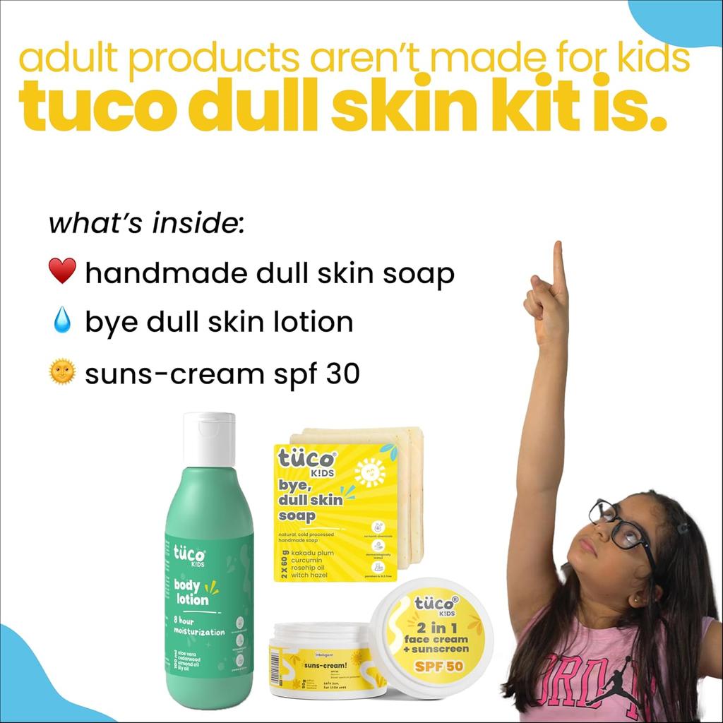 TuCo Dull Skin Soap (60 Gm X 2), Lotion (100 Ml) & Sunscreen (50 Gm) - Ultimate Kiddy Dull Skin Kit - (Combo Pack of 3)