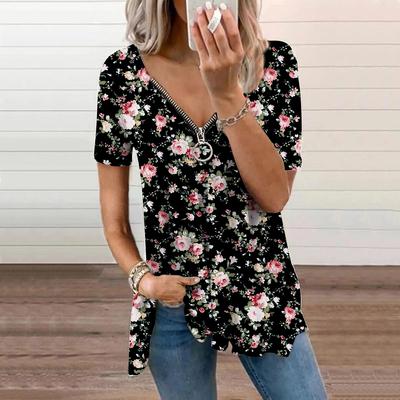 Damen Top Sommer Neue Mode Gelb Zitrone Bedruckt Lässig Reißverschluss V-Ausschnitt Kurzarm Top