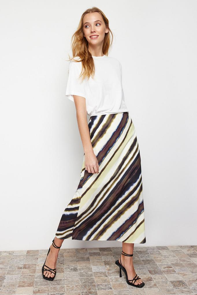 Women's Fashion Multicolored Satin Patterned A-line Midi Length Woven Skirt