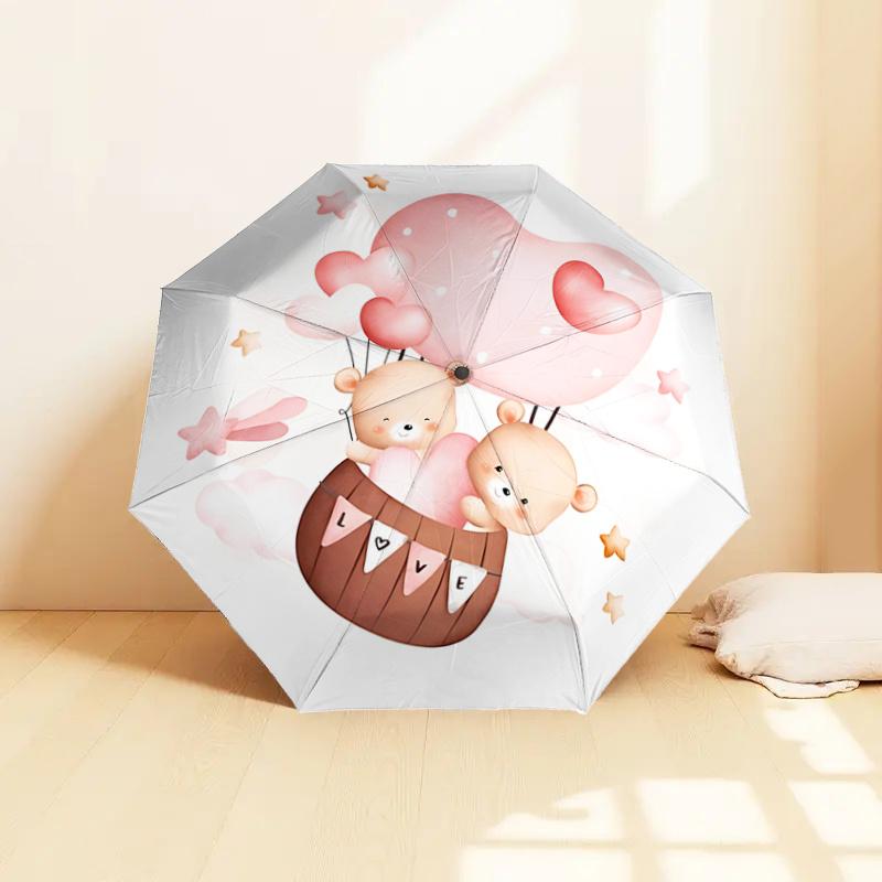 Heart-Shaped Hot Air Balloon Basket with Bears - Romantic Valentine's Day Gift for Fans, Travelers, Everyday Use, Foldable Umbrella Design,