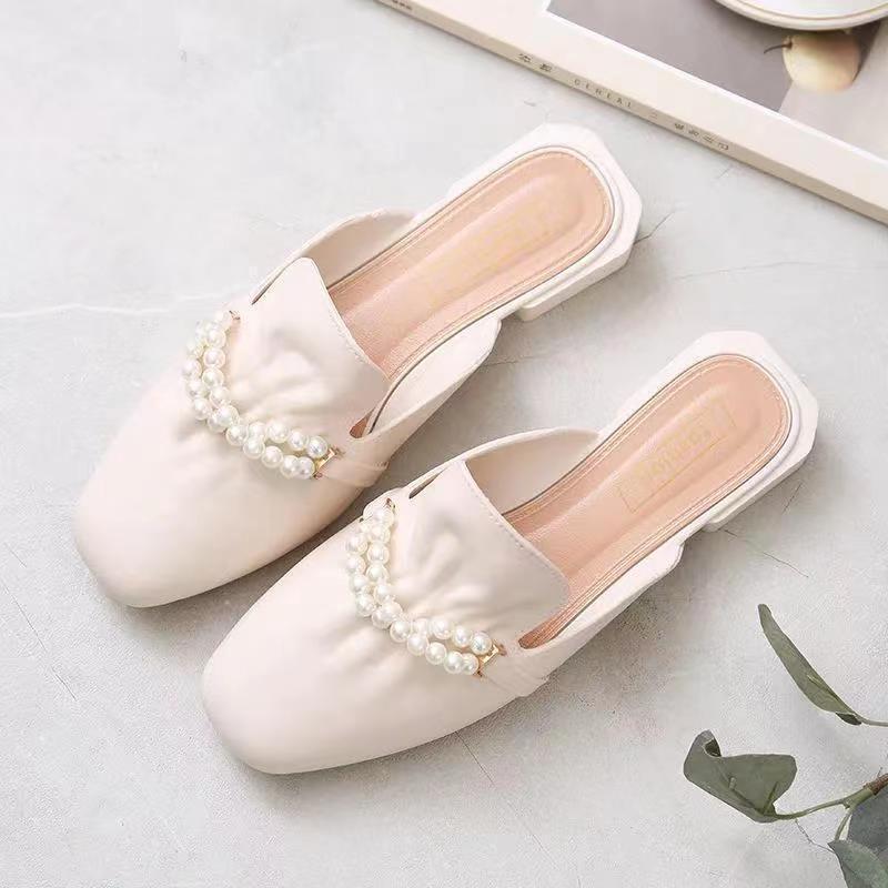 Fashion Women Slippers 2024 New Summer Fashion Slip on Flat Soled Cute Casual Outdoor Pearl Toe Square Toe Women Shoes