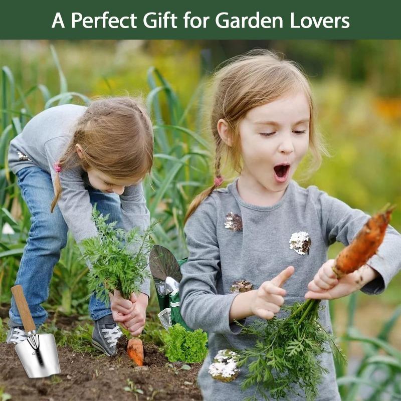 10Pcs Gardening Tool Set Folding Stool Storage Tote Bag Stainless Steel Wooden Handle Planting Weeding Yard Kit