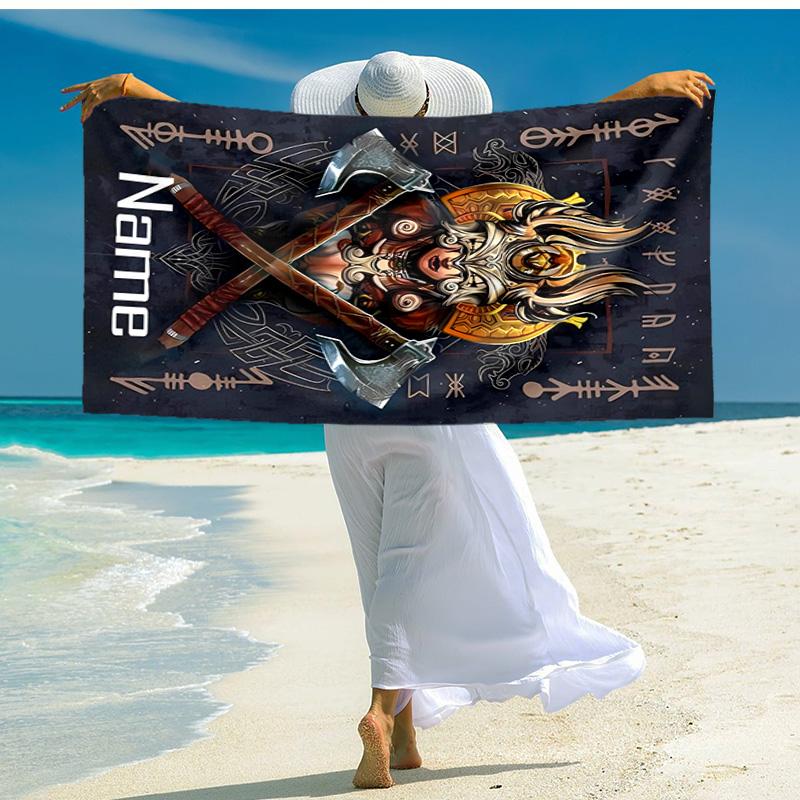 Personalisierbares, maßgeschneidertes Proof-Strandtuch mit Wikinger-Zeichenmuster - weich, saugfähig, schnelltrocknend, perfekt für Schwimmen, Camping & Baden
