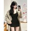 Sweet and spicy style bow strap U-neck vest dress women's summer solid color waist and thin hip skirt