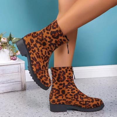 Chaussures tendance pour femmes 2024, bottes à fermeture éclair arrière, imprimé léopard, modernes, à bout rond, grande taille