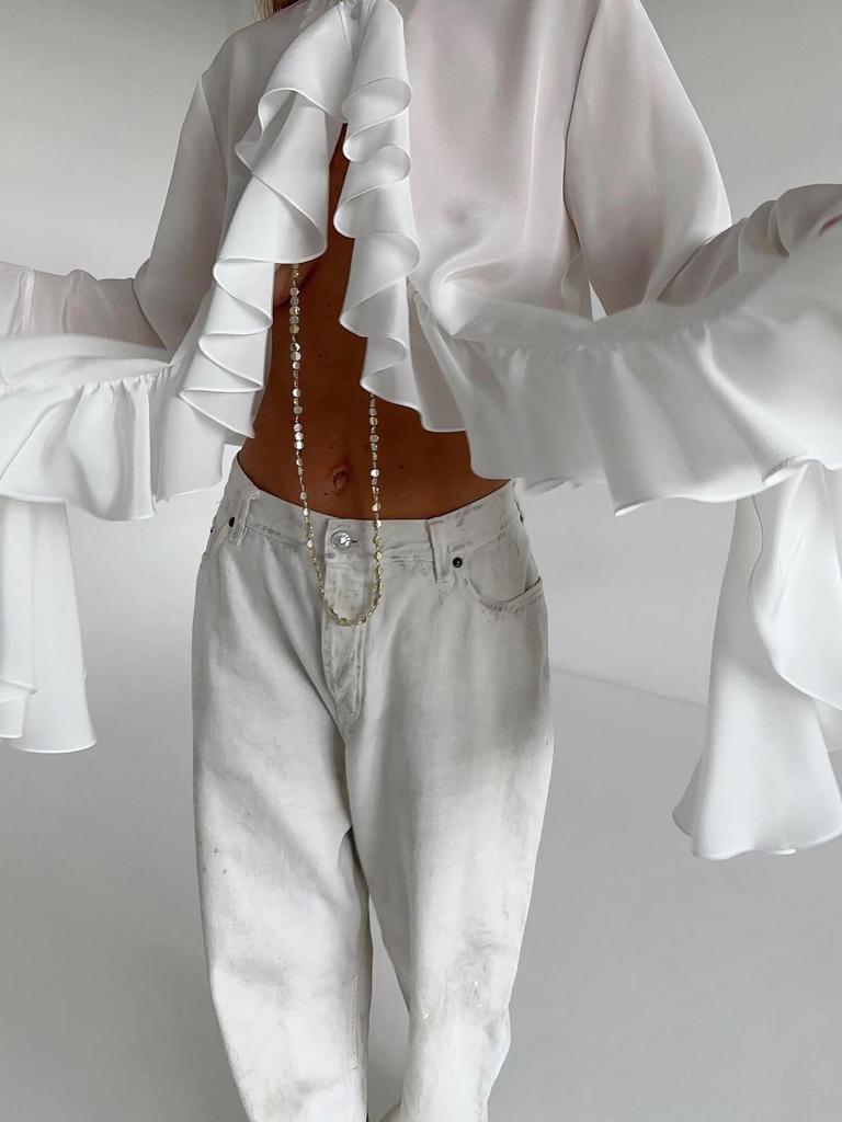 Elegant Ruffle Design French White Cardigan Blouse - Long Sleeve Women's Top