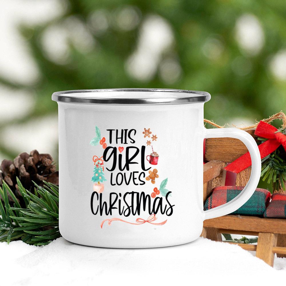 Christmas Printed Coffee Mugs With Handle Breakfast Milk Cups Enamel Drinking Cup Party Home Decorations Gifts for Friend Family